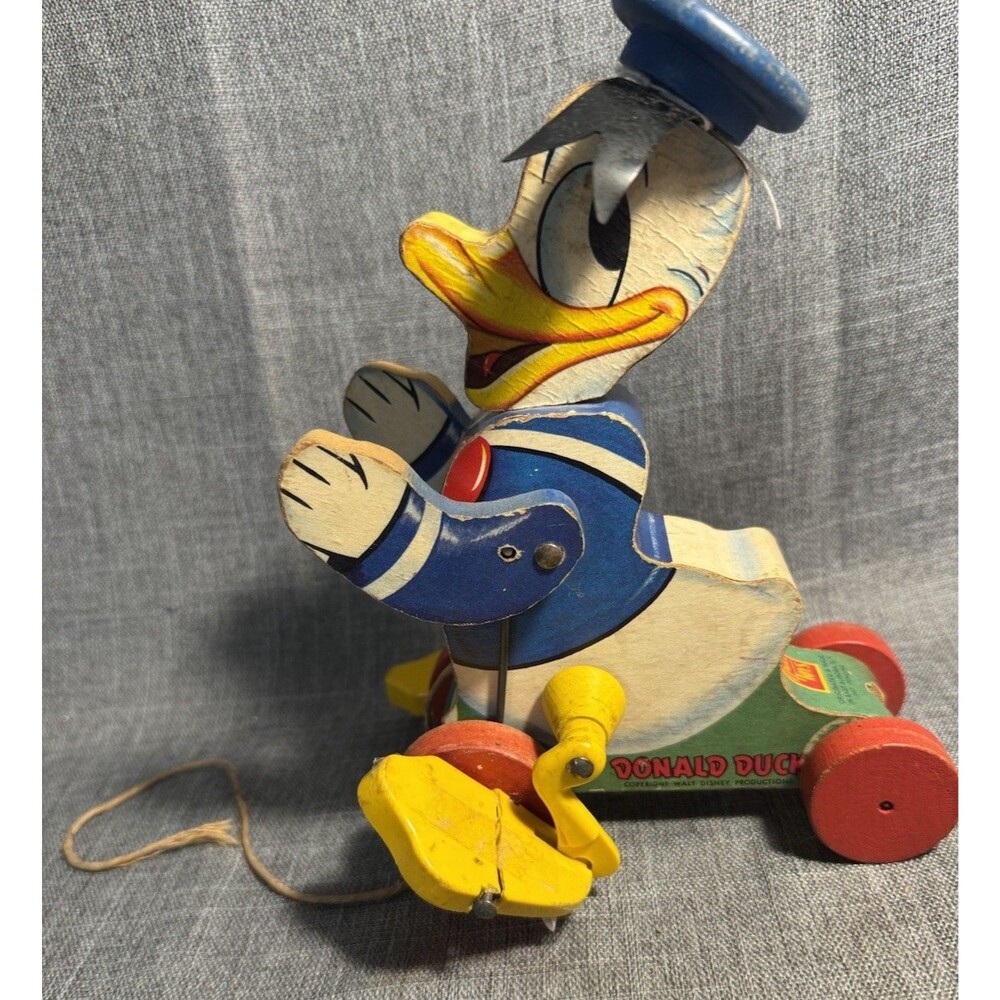 RARE Vintage 8" Disney Donald Duck Wooden Pull Toy Fisher Price Toys 764 WDP NR